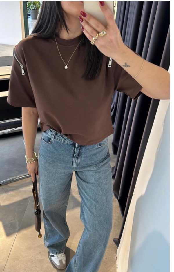 Kahve kolları fermuarlı Basic Tshirt