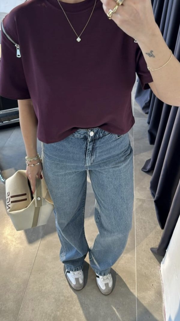 Bordo Kolları Fermuar Detaylı BaSİC Tshirt
