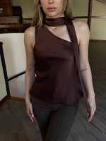 Kahve Saten Boyun detaylı bluz